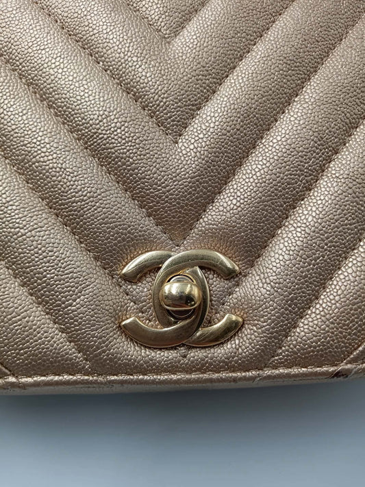 CHANEL Caviar Chevron Mini Statement Metallic Flap