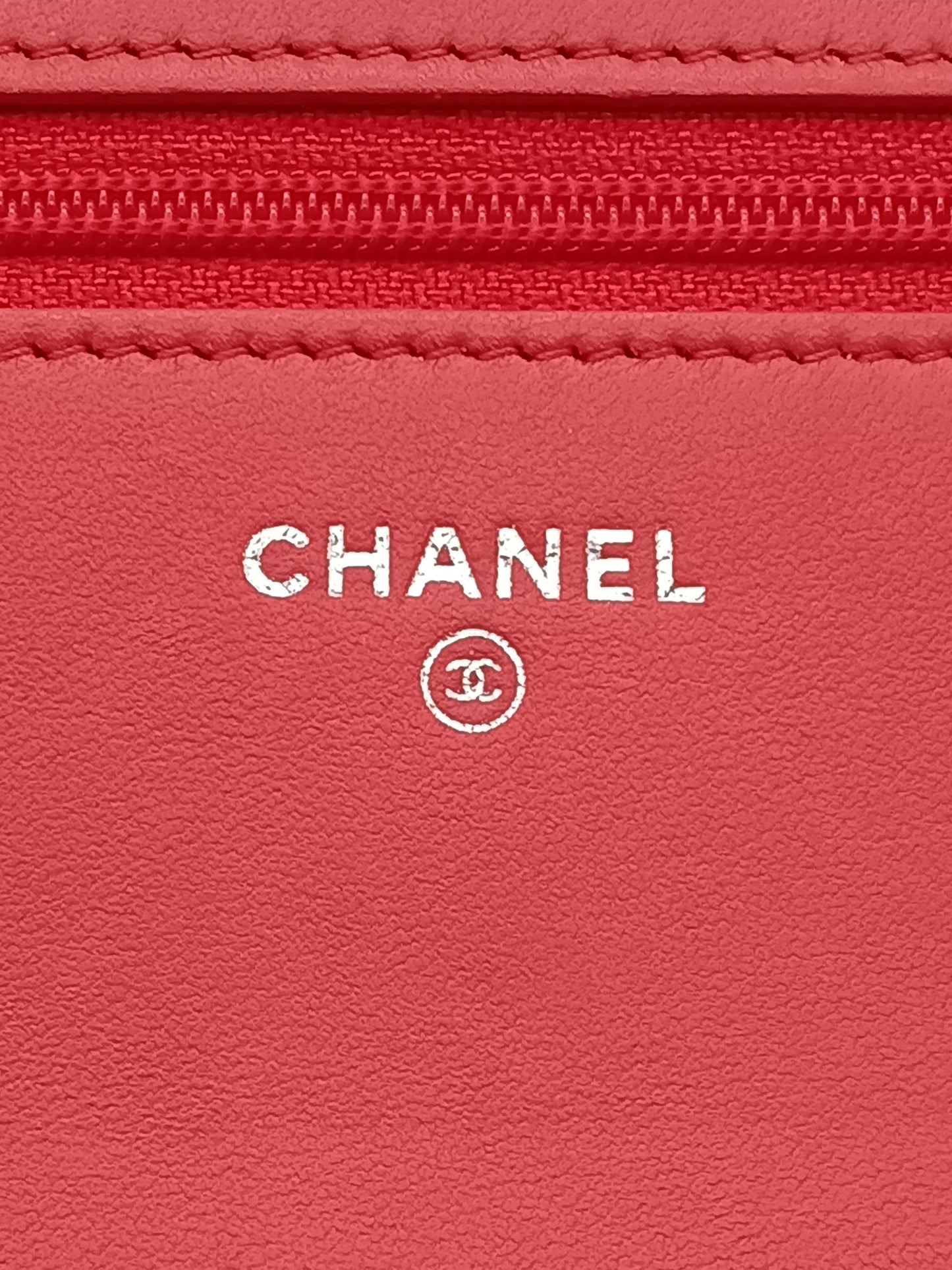 CHANEL Lambskin Border Stitch Leboy Wallet on Chain