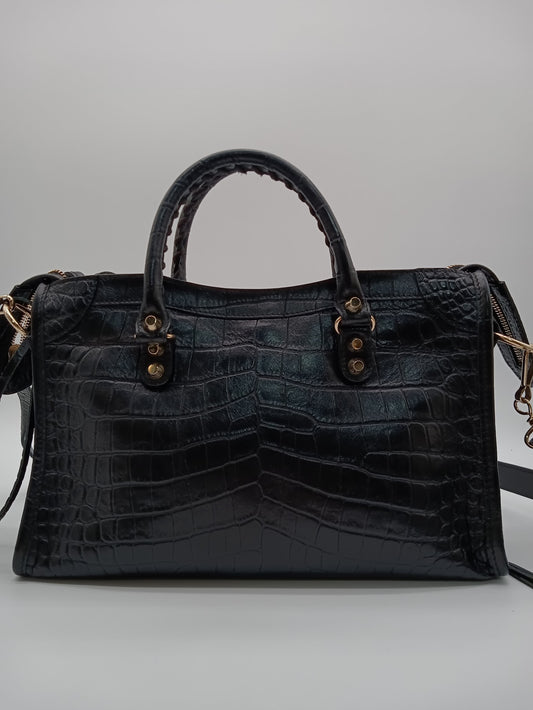 BALENCIAGA Crocodile Embossed Edge City Bag