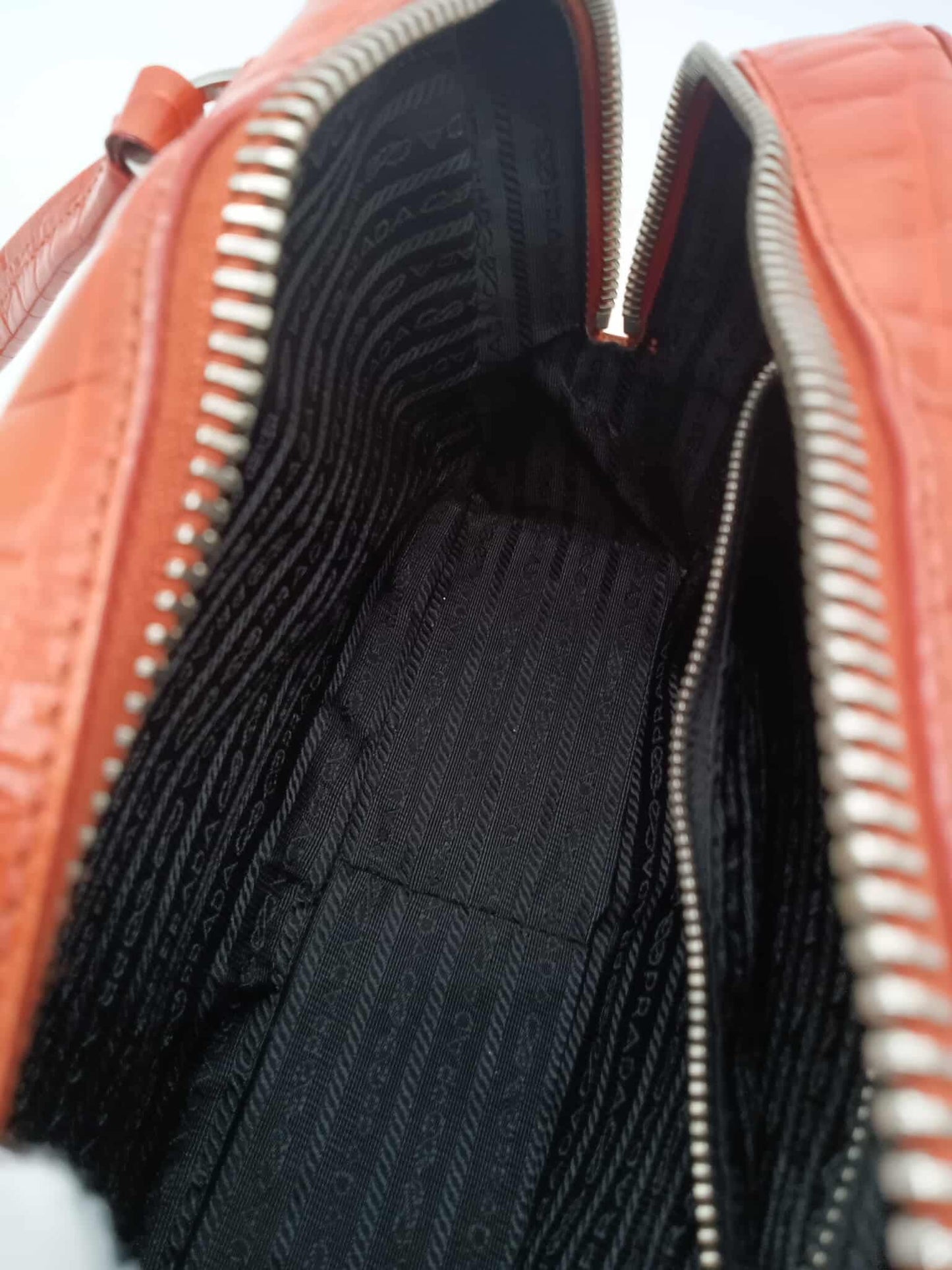 PRADA Croc Embossed Leather Bauletto Satchel