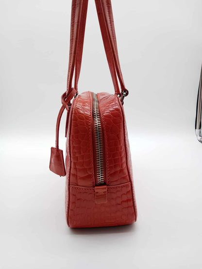 PRADA Croc Embossed Leather Bauletto Satchel
