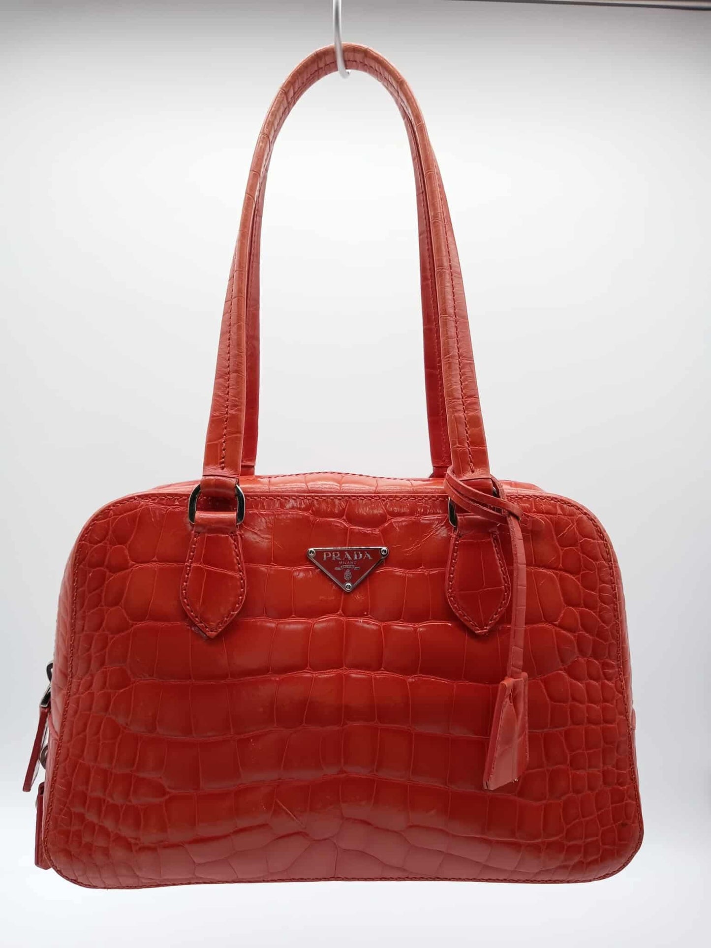 PRADA Croc Embossed Leather Bauletto Satchel