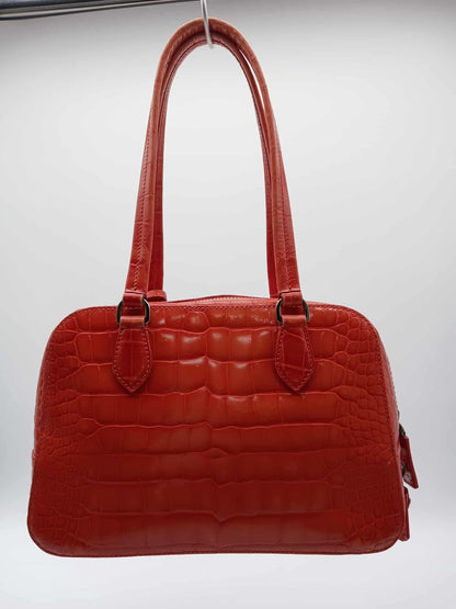 PRADA Croc Embossed Leather Bauletto Satchel