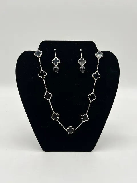 Onyx Clover Necklace and Earrings Set