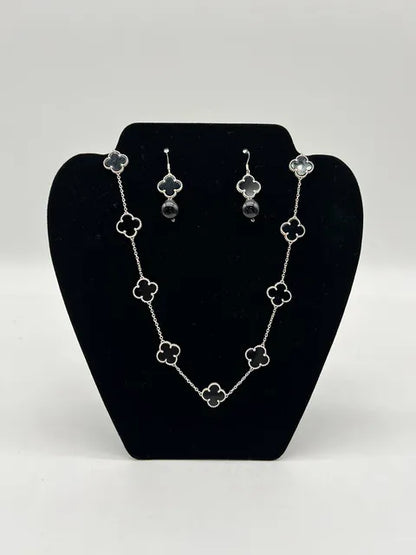 Onyx Clover Necklace and Earrings Set