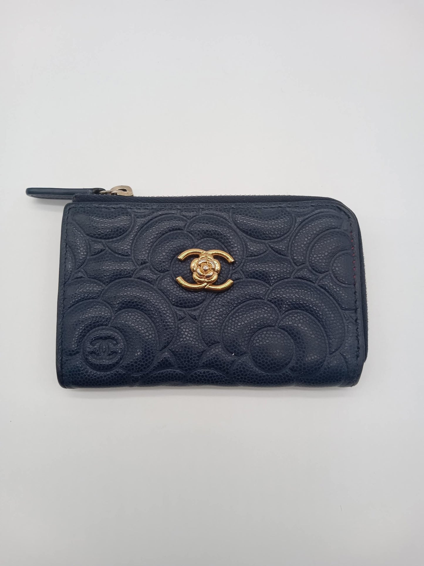 CHANEL Caviar Camella Embossed Key Coin Purse