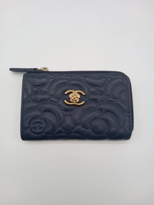 CHANEL Caviar Camella Embossed Key Coin Purse