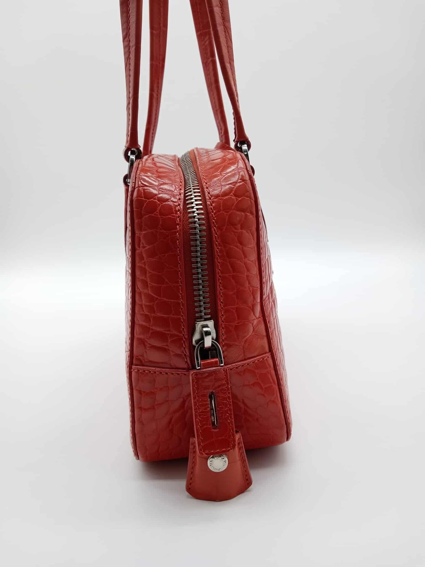 PRADA Croc Embossed Leather Bauletto Satchel