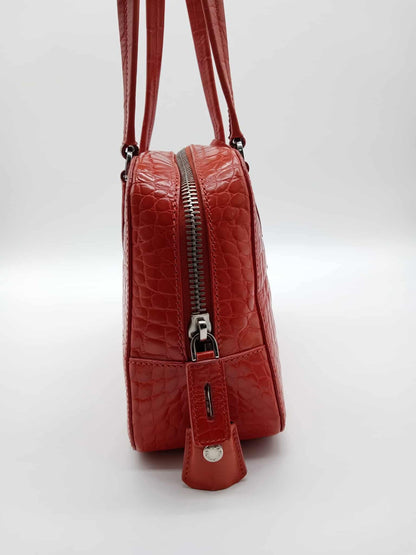 PRADA Croc Embossed Leather Bauletto Satchel