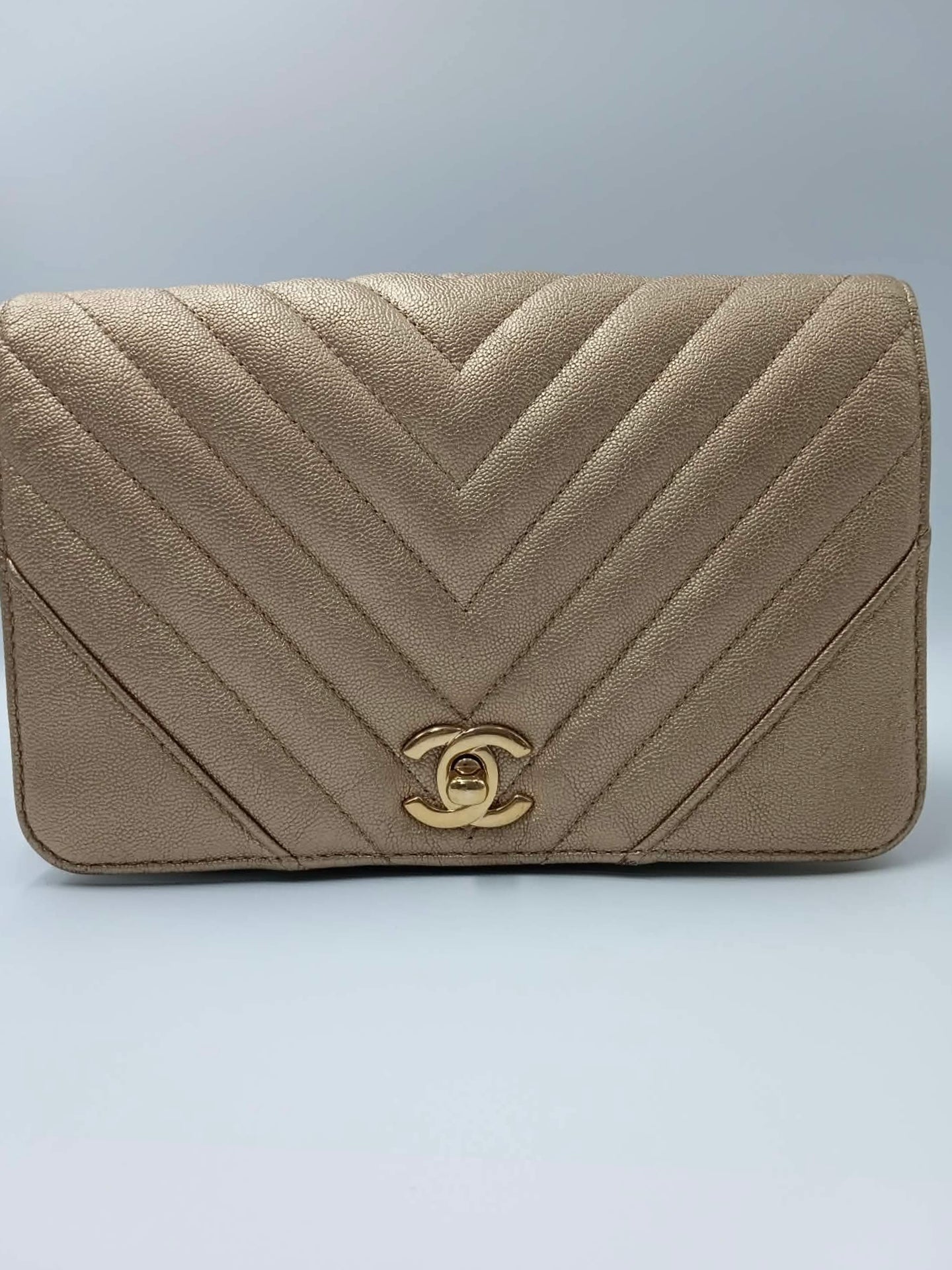 CHANEL Caviar Chevron Mini Statement Metallic Flap