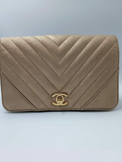 CHANEL Caviar Chevron Mini Statement Metallic Flap
