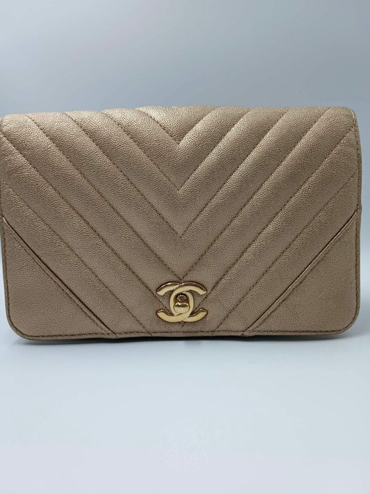 CHANEL Caviar Chevron Mini Statement Metallic Flap