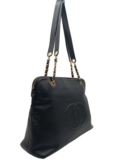 CHANEL Coco Mark Caviar Skin Double Chain Tote Bag