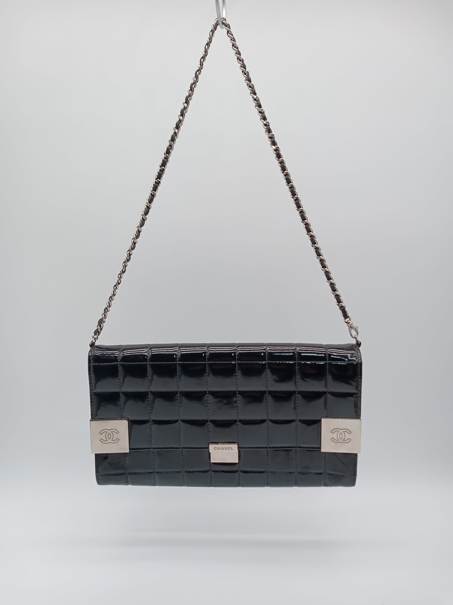 CHANEL Patent Choco Bar Clutch on Chain