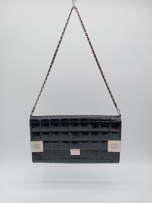CHANEL Patent Choco Bar Clutch on Chain