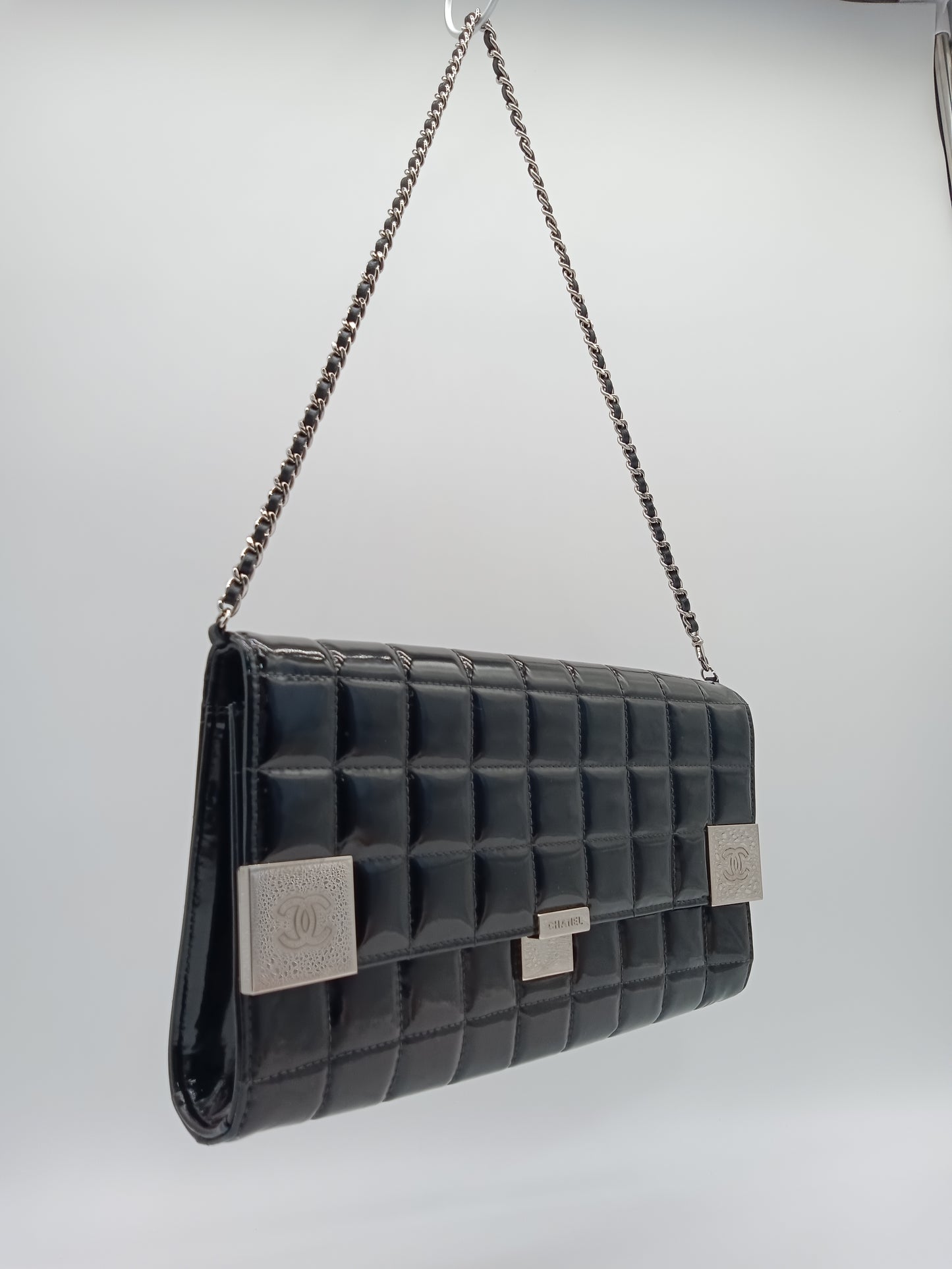 CHANEL Patent Choco Bar Clutch on Chain