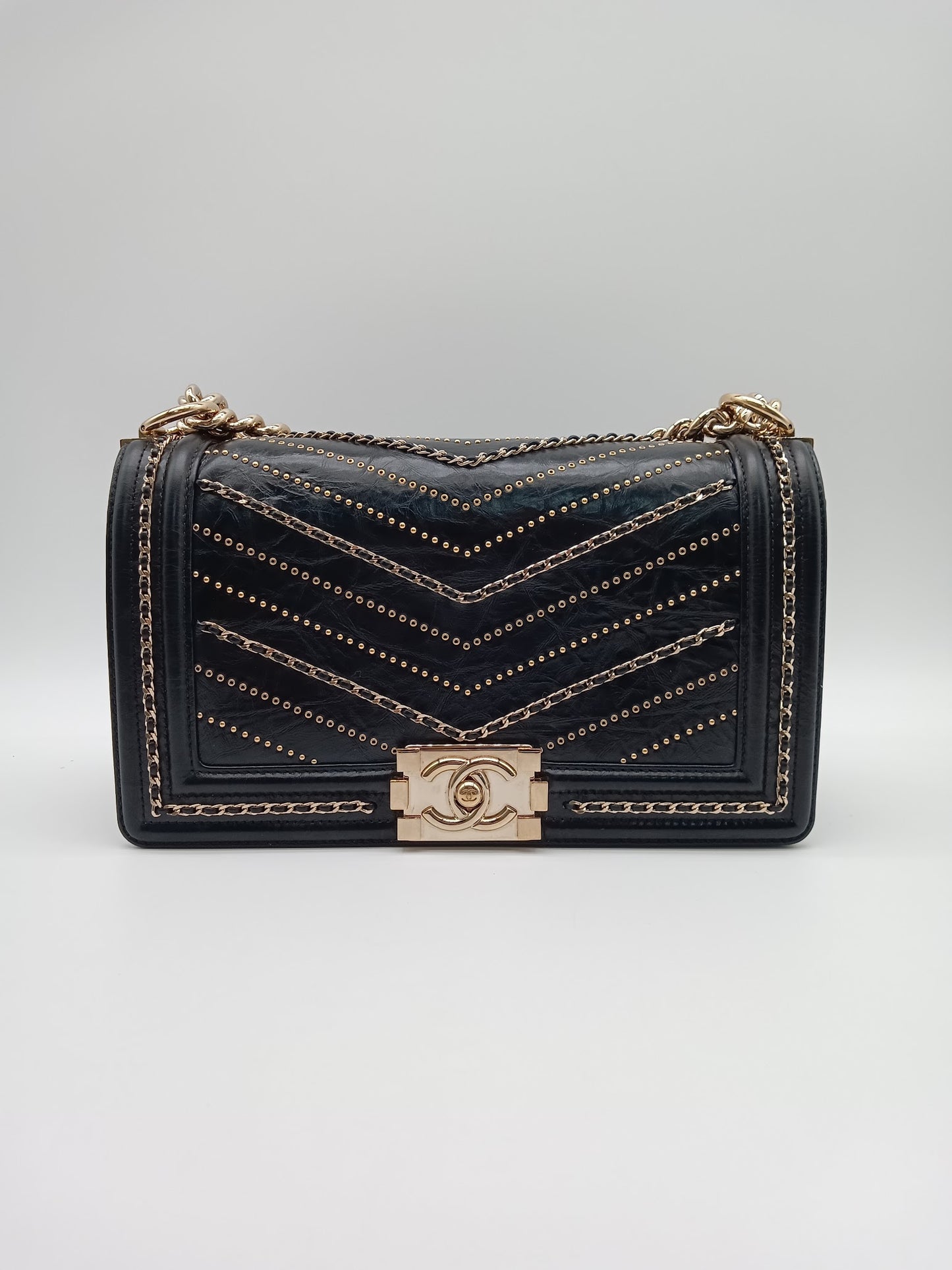CHANEL Studded Calfskin Chevron Leboy