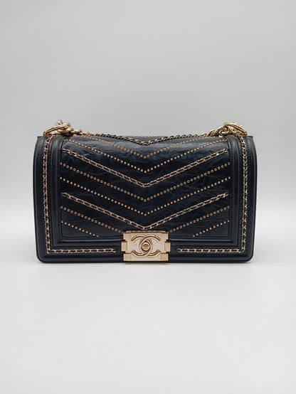 CHANEL Studded Calfskin Chevron Leboy