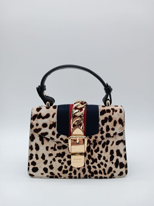 GUCCI Leopard Print Calf Hair Sylvie Bag