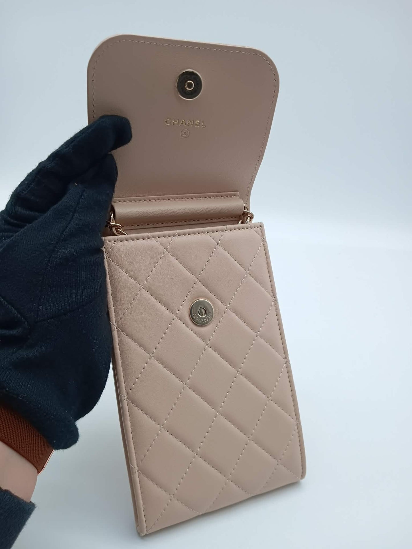 CHANEL Lambskin Quilted Chain Phone Case