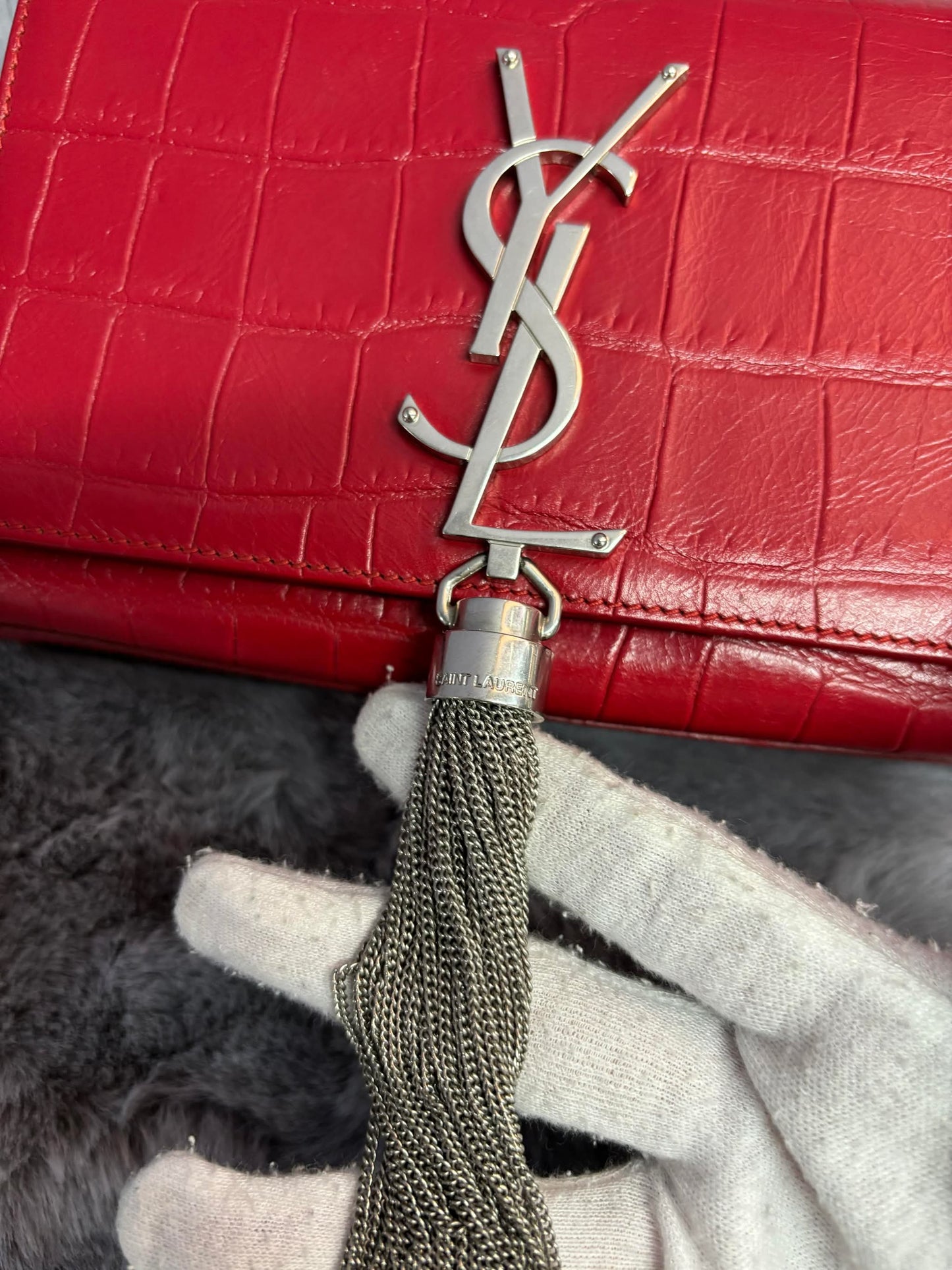 YSL Kate Tassel Crocodile Embossed Chain Bag