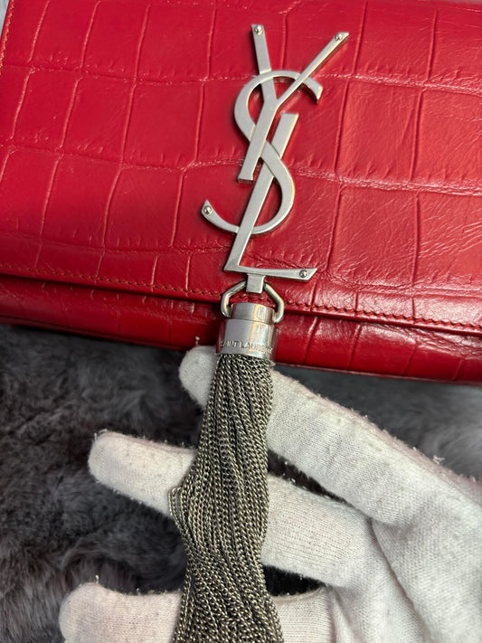 YSL Kate Tassel Crocodile Embossed Chain Bag