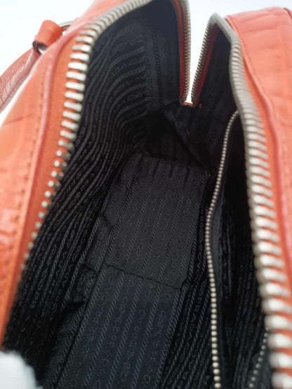 PRADA Croc Embossed Leather Bauletto Satchel