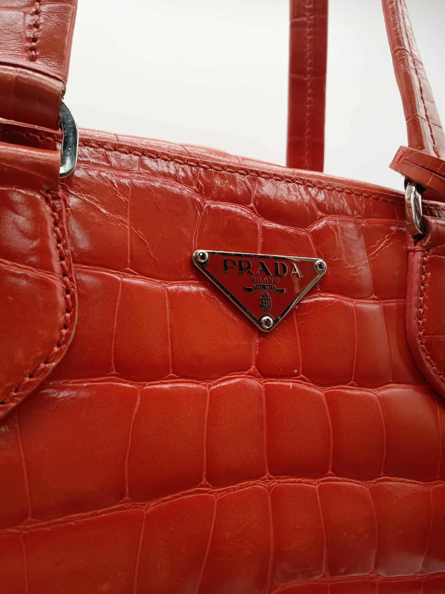 PRADA Croc Embossed Leather Bauletto Satchel