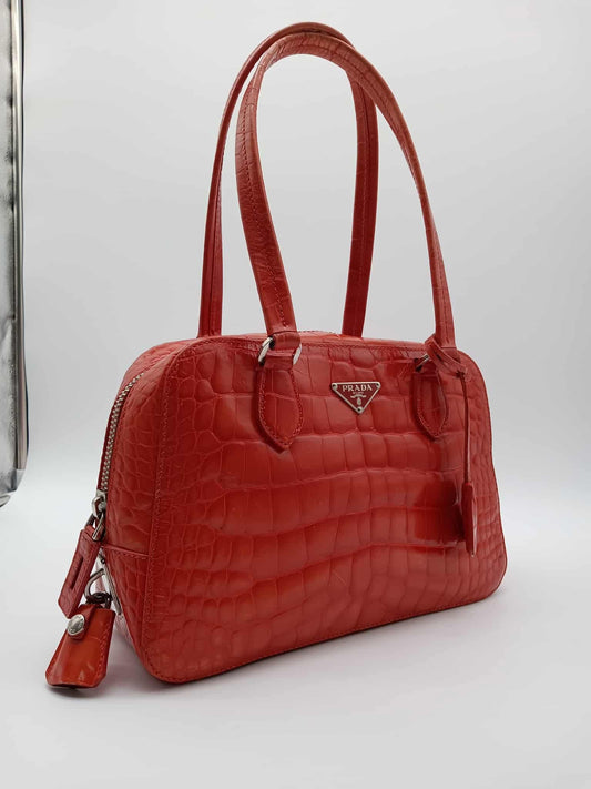 PRADA Croc Embossed Leather Bauletto Satchel