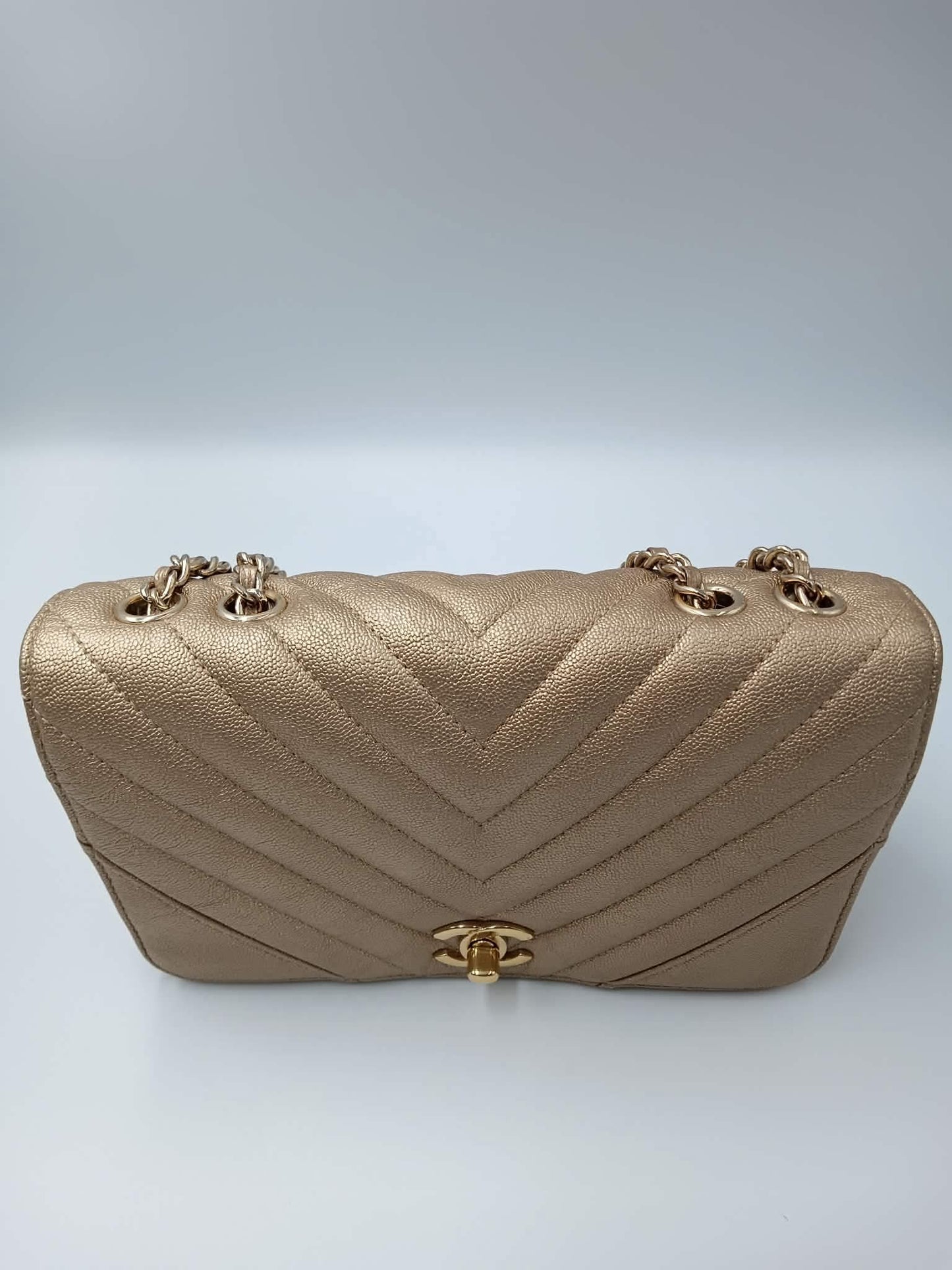 CHANEL Caviar Chevron Mini Statement Metallic Flap